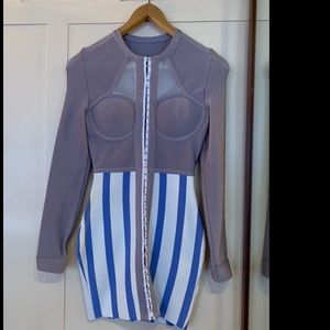 Brand New never worn grey/ blue and white pinstriped bandaged dress